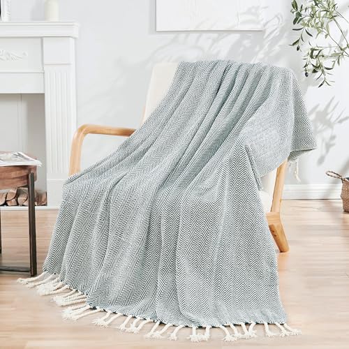 Herringbone Knitted Two Tone Throw Blankets with Braided Tassel Fringe, Boho Farmhouse Lightweight Turkish Throw Blanket for Couch Bed Sofa, Picnic, Yoga, Outdoor Blanket, 50 x 60 Inch, Dark Teal - color: Dark Teal