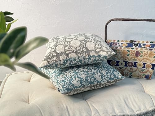 Handblock Printed Vintage Indian Cotton Decorative Throw Pillow Covers, Set of 2 (Vintage Turquoise Grey, 18" x 18" (Pack of 2)) - color: Vintage Turquoise Grey, size: 18" x 18" (Pack of 2)