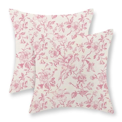 Pink Vintage Floral Pillow Covers 16x16 Inch 2 Pcs Preppy Pink Cream Rustic Toile Chinoiserie Flower Decor Throw Pillows Outdoor Decoration Pillowcase Linen Cushion Cover for Couch Sofa Bed - color: Pink Floral, size: 16" x 16" (Pack of 2)