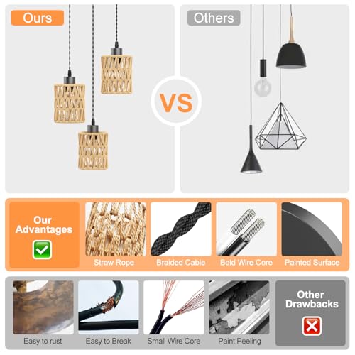 Sytmhoe 3Packs Boho Rustic Hemp Rope Pendant Light Hand-Woven Rattan Cage Basket Coastal Light Fixture Farmhouse Wicker Hanging Lighting for Kitchen Island Dining Room Bedroom