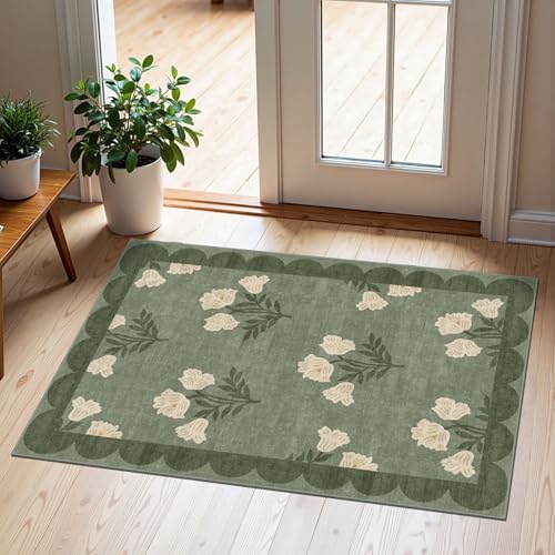Front Door Mat Outside Entrance - 2x3 Floral Non-Slip Washable Doormat Indoor Outdoor Door Mat Spring Sage Green Floral Entry Rug Small Throw Rugs for Entryway Kitchen Front Porch Decor - color: Flower - Green, size: 2' x 3' (Rectangular)