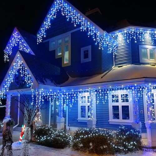 33ft Icicle Lights for Outside, Blue and White Christmas Lights Outdoor Indoor, 400 LED Twinkle String Light with 75 Drops Short Curtain Light for Thanksgiving Room Home Wall Bedroom Window Decoration - color: Blue and White, size: 400LED/33ft