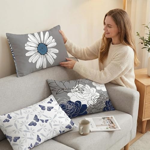 COMMINY Lumbar Throw Pillow Covers 12x20 Inch Set of 6, Blue Grey Pillow Cases for Couch Room Decor, Farmhouse Daisy Dahlia Lumbar Pillow Cover, Indoor Decorative Cushion Cover Only, No Insert - color: Blue Daisy, size: 20" x 12" (Pack of 6)