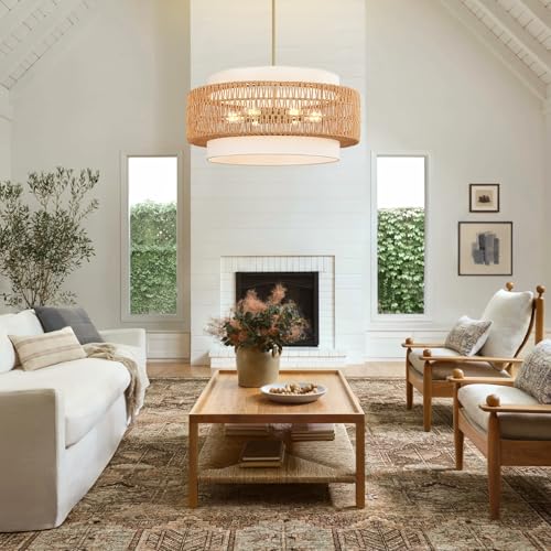 6-Light Boho Rattan Chandelier, 25.6" Large Rattan Pendant Light with Fabric Shade, Farmhouse Hand Woven Chandelier Hanging Ceiling Light for Dining Room, Living Room, Kitchen Island, Foyer, Hallway - size: 25.6" V-shaped weaving