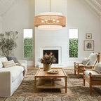 6-Light Boho Rattan Chandelier, 25.6" Large Rattan Pendant Light with Fabric Shade, Farmhouse Hand Woven Chandelier Hanging Ceiling Light for Dining Room, Living Room, Kitchen Island, Foyer, Hallway - size: 25.6" V-shaped weaving