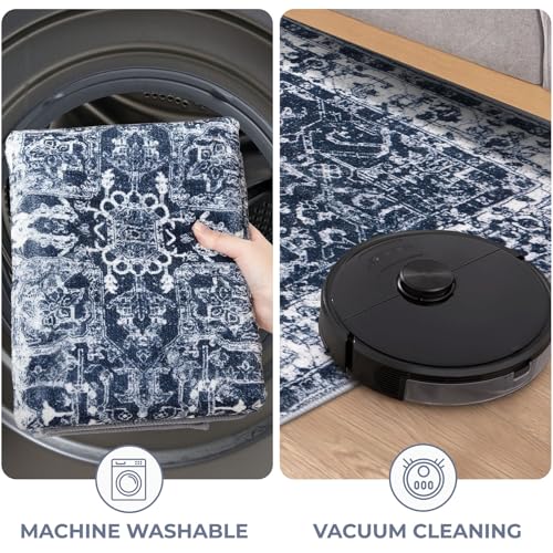 KOZYFLY Small Area Rug 2x3 Ft Rugs for Entryway Washable Boho Entry Rug Non Slip Door Mat Indoor Entrance Faux Wool Vintage Printed Kitchen Rug Throw Rugs for Entrance Kitchen, Navy/Grey - color: Navy Blue/Grey, size: 2' x 3' (Rectangular)