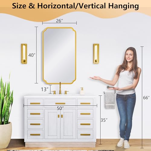 Ferytange 26"x40" Rustproof Bathroom Mirror Gold, Round Corner Metal Frame Wall Mirror, Horizontal/Vertical Hanging Over Sink, Bedroom Bathroom Decor - color: Gold, size: 40"L x 26"W