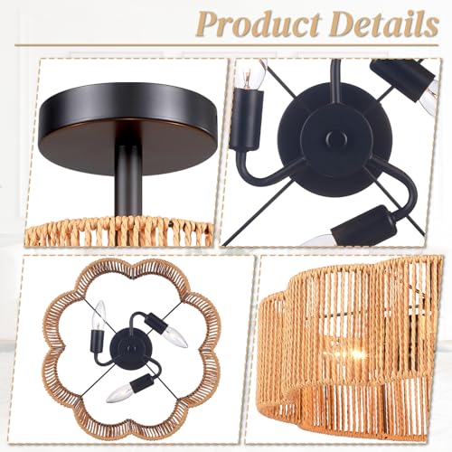 Hamilyeah 16 Inch Boho Semi Flush Mount Ceiling Light, Woven Scalloped Shade Ceiling Fixture with 3-Light E12 Base, Black Decorative Ceiling Light for Bedroom, Entryway, Kitchen, Hallway - color: Black 16 INCH Semi