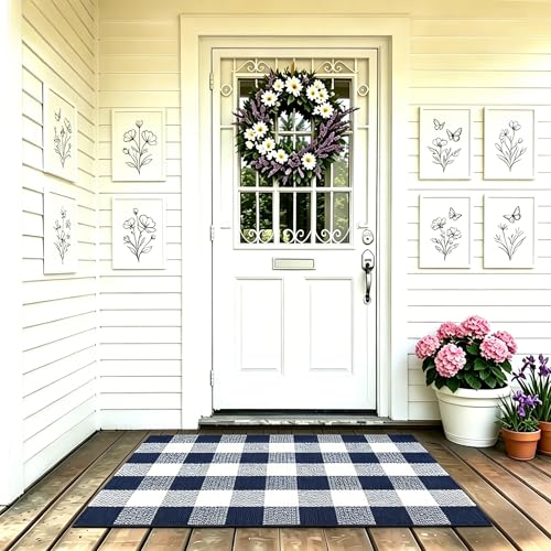 MUBIN Cotton Buffalo Plaid Rug, 27.5x43 Navy Blue White Outdoor Rug Front Door Decorative Mat, Washable Doormat Foldable Area Rug Layered Door Mats Rug for Front Porch, Entryway, Patio - color: Navy Blue White Plaid, size: 2'3" x 3'7" (Rectangular)