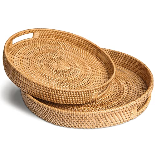 HITOMEN Hand-Woven Round Rattan Serving Tray Decorative Ottoman Wicker Platter with Handles for Coffee Table, Breakfast, Drinks, Snack, Bread, Fruit, Vegetables (Natural Set of 2: M+L) - color: Natural, size: Medium (11.8 inches)/Large (14.2 inches)