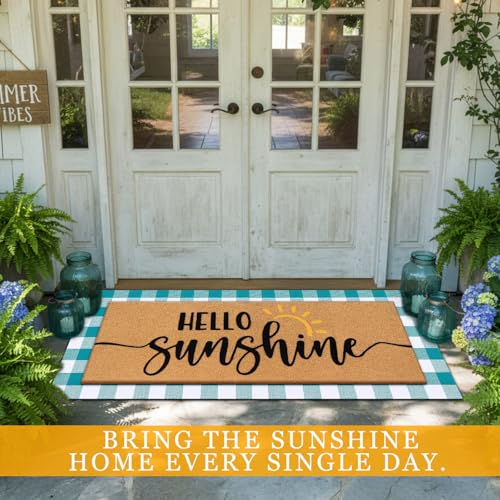 Tinideya 2 Pcs Summer Door Mat 17"x47" Hello Sunshine Welcome Non Slip Coir Blue White Plaid Buffalo Mats Large Floor Layering Doormats Seasonal for Front Porch Entryway Decor(Hello Sunshine)