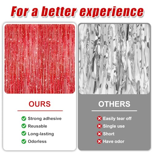 Crosize 2 Pack 3.3 x 9.9 ft Laser Red Foil Fringe Curtains Party Decorations,Tinsel Curtain Backdrop for Parties, Door Streamers, Glitter Streamer Backdrop for Birthday Decoration - color: Laser Red, size: 2 Pack