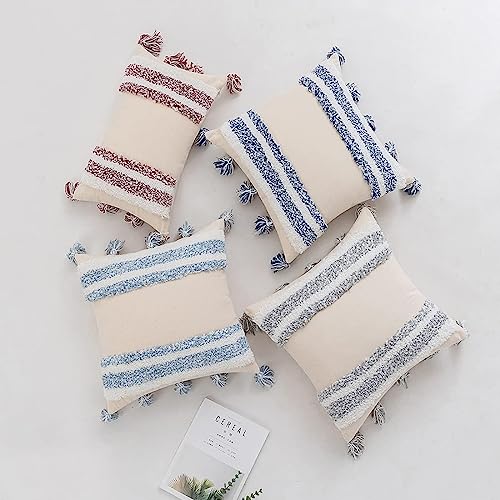 Boho Tufted Throw Pillow with Tassels, Country Thick Striped Style Soft Cushion Cover Decor wuth Zipper for Chair Bed Couch Living Room (Grey,18" x 18") - color: Grey, size: 18 x 18-Inch