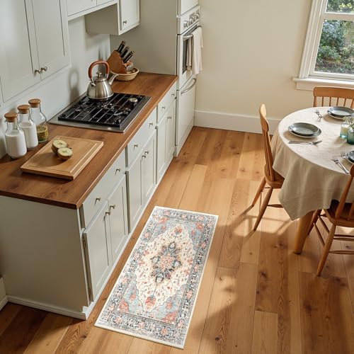 RELEANY Area Rugs Small 2'x4' Washable Non-Slip, Floral Vintage Distress Medallion Carpet for Kitchen Entryway Bathroom, Beige Navy Blue Orange Colorful - color: Beige/Blue/Orange, size: 2' X 4' (Runner)