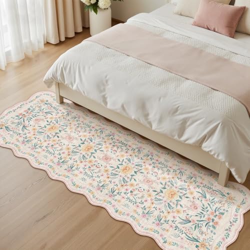 Scalloped Floral Runner Rug 2x6, Pink Washable Non-Slip Boho Hallway Rug, Soft Cute Carpet Runner for Kitchen, Bathroom, Laundry, Entryway or Bedroom - color: Pink Scalloped, size: 2 x 6 ft