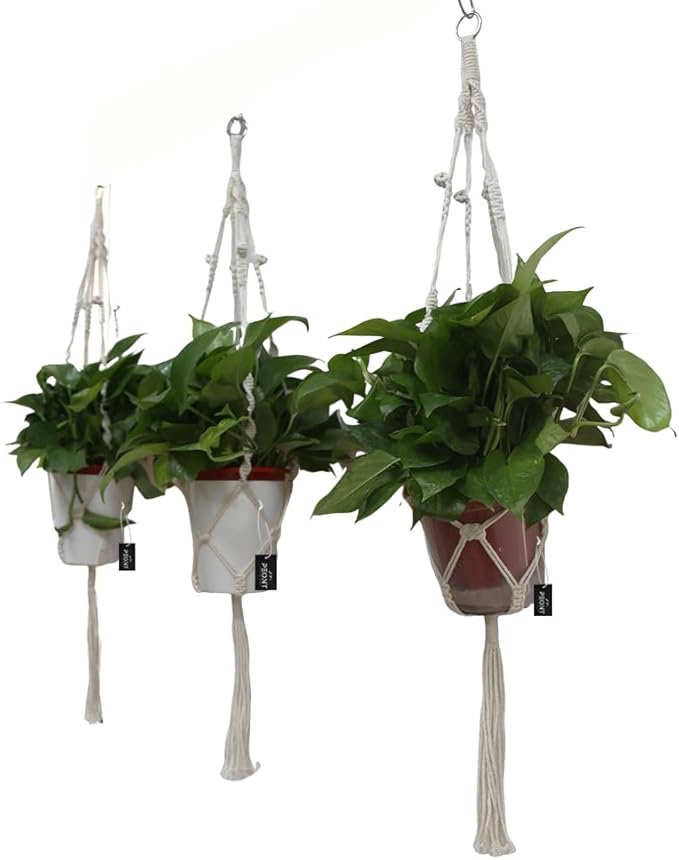Macrame Plant Hangers Set of 3 – Handmade 39-Inch Indoor/Outdoor Hanging Planters in Ivory with Beads, Boho Home Decor for Pots up to 9 Inches (Pots Not Included)