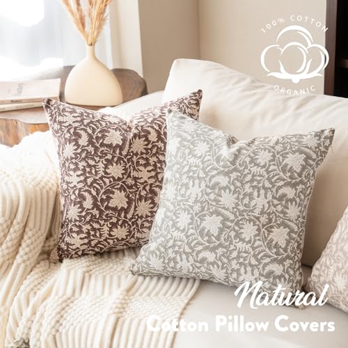 FIOUOVO Floral Throw Pillow Covers 24x24 Farmhouse Block Print Pillow Covers Decorative Pillow Covers Couch Pillows for Living Room Vintage Accent Sofa Pillows Set of 2, Taupe Grey - color: Taupe Grey, size: 24" x 24" (Pack of 2)