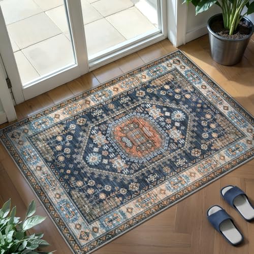 Tangsoo 2x3 Small Area Rug for Entryway,Vintage Washable Indoor Entry Door Carpet Non-Slip Rubber Backing Throw Mat for Front Porch Entrance Kitchen Blue Orange - color: Blue/Multi, size: 2' X 3' (Rectangular)