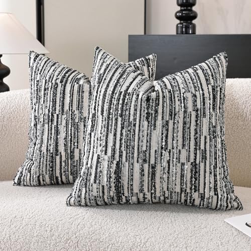 Striped Throw Pillow Covers 20x20 Set of 2 Black Textured Boucle Chic Morden Boho Accent Farmhouse Decorative Chenille Pillow Covers for Home Decor Bed Sofa Living Room - color: Black, size: 20" x 20" (Pack of 2)