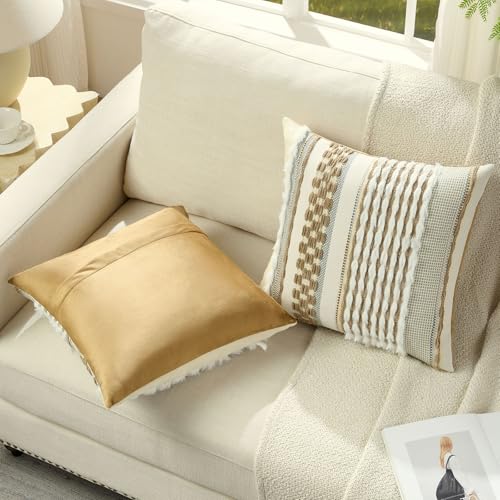 FUTEI Pack of 2 Boho Chenille Decorative Throw Pillow Covers 18x18 Inch Soft Plush Tufted Striped Textured Cushion Case,Farmhouse Accent for Couch Bed Living Room, Coffee - color: Coffee, size: 18" x 18" (Pack of 2)