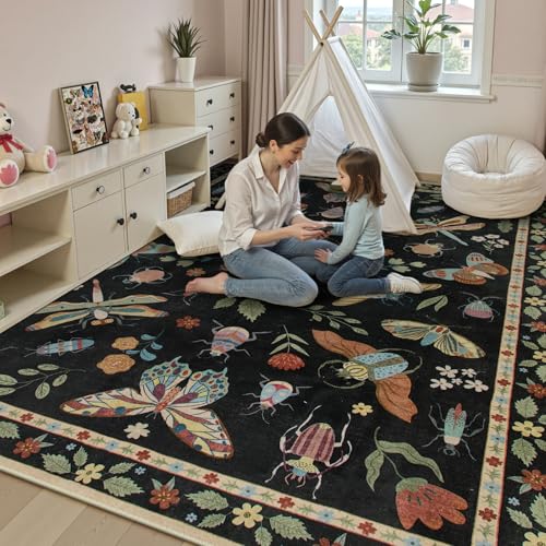 Beeiva Insect Print Rug 8x10, Washable Throw Rugs for Bedroom Under Bed, Boho Non Slip Low Pile Ultra Thin Foldable Large Carpet for Kids Room Playroom Living Room Decor(Black,8x10ft) - color: Black, size: 8' x 10' (Rectangular)
