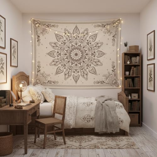 Motanber Floral Mandala Tapestry Wall Hanging Boho Beige Tapestry Aesthetic Bohemian Flower Cute Small Tapestries for Bedroom Living Room Dorm Wall Decor 60 x 44 Inch - color: Beige White, size: 60"L x 44"W
