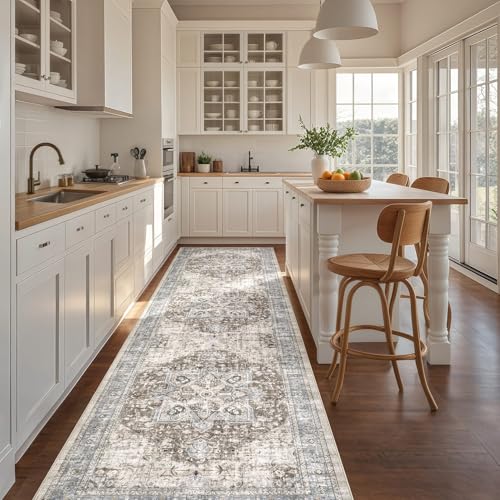 Tortania Area Rug 2x6 Runner Rugs - Washable Vintage Oriental Farmhouse Thin Indoor Carpet for Living Room Bedroom Hallway Entryway Kitchen Under Dining Table Home Office - Brown Blue - color: Brown Blue, size: 2' x 6' (Runner)