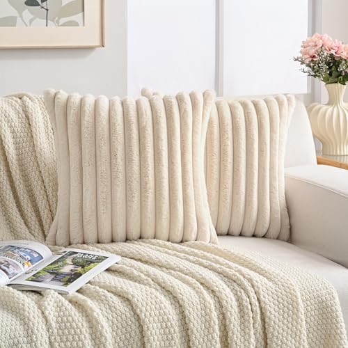Volcanics Set of 2 Faux Fur Plush Decorative Throw Pillow Covers 18x18 Inches, Striped Cushion Cases Soft Fluffy Accent Pillowcases for Sofa, Couch and Bed, Beige - color: Beige, size: 18" x 18" (Pack of 2)