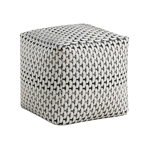 Benzara Modern Pouf Ottoman- Black White Basket Woven Jacquard- 16 Inch Square