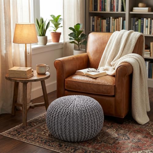 BIRDROCK HOME Round Pouf Ottoman Foot Rest - 18.5”x18.5”x15” Boho Compact Comfortable Soft Cotton Braided Foot Stool with Bean Bag Filling for Living Room, Bedroom, or Nursery (Light Gray) - color: Light Gray
