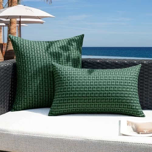 Kevin Textile Outdoor Waterproof Throw Pillow Covers Pack of 2 Farmhouse Decorative Cushion Covers for Garden Patio Tent Balcony Bench Couch Sofa 16x16 Inch, Dark Green - color: Dark Green, size: 16" x 16" (Pack of 2)