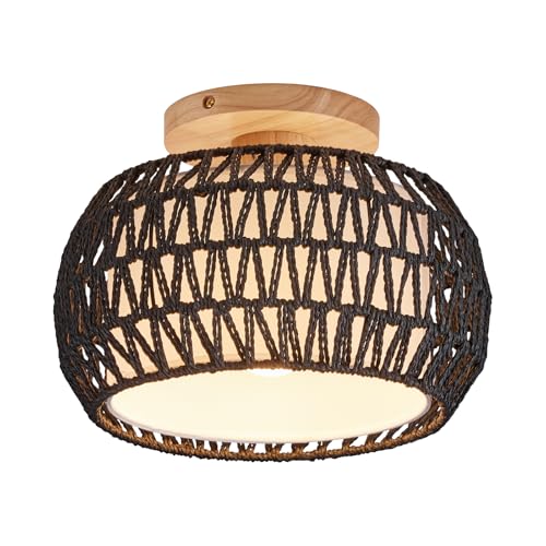 Boho Rattan Ceiling Light Fixture - 3 Style Options Wicker Semi Flush Mount Ceiling Lights,Black Bohemian Woven Basket Chandelier,Coastal Light Fixtures for Hallway Bedroom Nursery Playroom Laundry - color: Black
