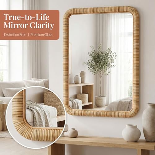 Barnyard Designs Rattan Wall Mirror, Rectangular Farmhouse Boho Accent for Bathroom, Entryway or Bedroom, Woven Natural Honey Rattan Frame (24" x 36", Rectangular) - size: 36"L x 24"W