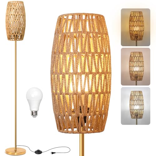 Ruiever Floor Lamp for Living Room,Farmhouse Floor lamp,Modern Standing lamp with Hand-Worked Rattan Shade (Drum Rattan Shade Body Gold Color-3 Color Bulb) - style: Drum Rattan Shade Body Gold Color-3 Color Bulb