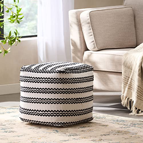 GDFStudio Boho Handmade Fabric Cube Pouf Ottoman Foot Stool - Bean Bag Floor Chair - Foot Rest Couch for Living Room Bedroom,Natural and Black,16" x 16" x 15.75" - color: Union,natural,black, size: 16"