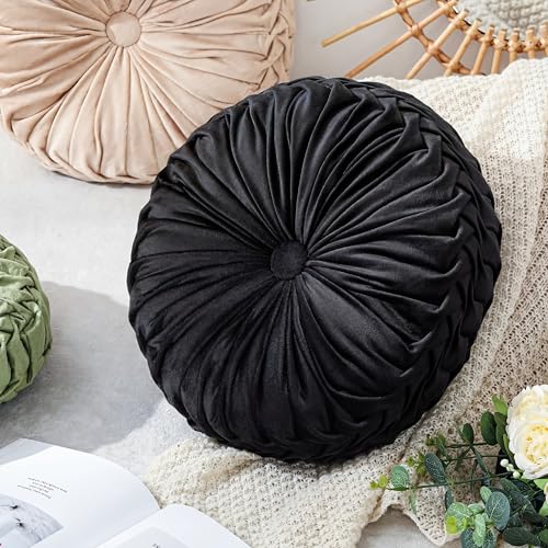 Drydiet 1 Pcs Round Throw Velvet Pillows Decorative Pleated Throw Pillows Diameter Accent Pumpkin Boho Chair Cushion for Couch Sofa Home Decoration (Black,15'') - color: Black, size: 15''