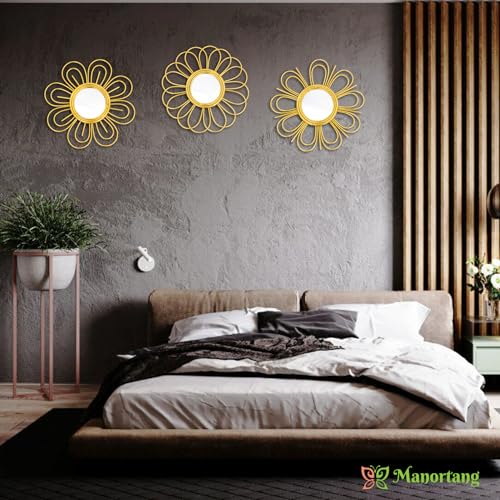Gold Mirrors 3 Piece, 9 inch Flower-Shaped Mirror Hanging Wall Decor, Valentine Decorative Mirror Wall Art, Round Mirrors for Bedroom,Living Room,Bathroom, House Warming Valentine Gifts - color: Golden-d
