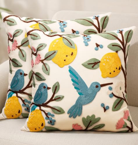 Embroidered Throw Pillow Covers 18x18 Inch - Set of 2 Summer Spring Boho Decorative Pillow Covers with Zipper for Living Room Couch Sofa Bed Aesthetic Design Bird Lemon Cushion Pillowcases - color: Bird Lemon, size: 18" x 18" (Pack of 2)