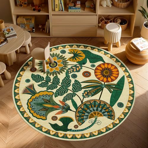 Joydeco Egypt Floral Boho Round Rugs 5FT, Washable Circle Playroom Bedroom Area Rug, Vintage Beige Non Slip Circular Throw Carpet for Living Room Nursery Dorm Classroom Dining Room - color: Beige, size: 5' (Round)