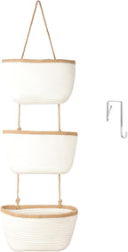 TeoKJ 3-Tier Wall hanging Storage Bags, Over the Door Organizer, Decorative Cotton Rope Hanging Baskets, White & Dark Brown
