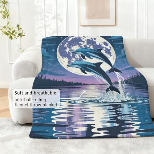 Dolphin Blanket, Two Dolphins Jumping Under Moonlight Flannel Throw Blanket for Couch Bed Or Chair, Luxury Lightweight Comfy Blankets Home Decor Gift 40x50in(100 * 125cm)