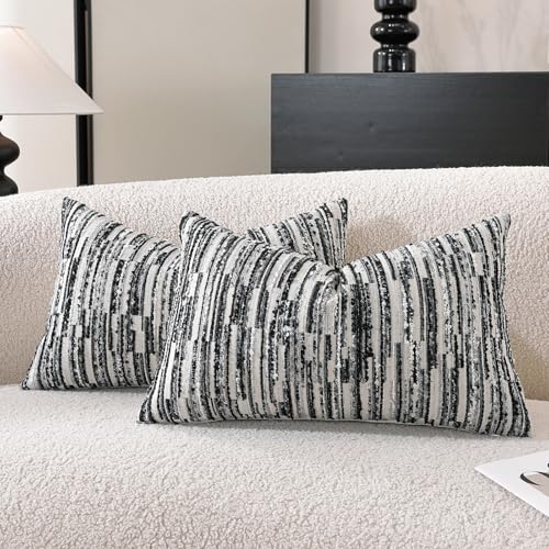 Striped Throw Pillow Covers 20x12 Set of 2 Black Textured Boucle Chic Morden Boho Accent Farmhouse Decorative Chenille Pillow Covers for Home Decor Bed Sofa Living Room - color: Black, size: 20" x 12" (Pack of 2)