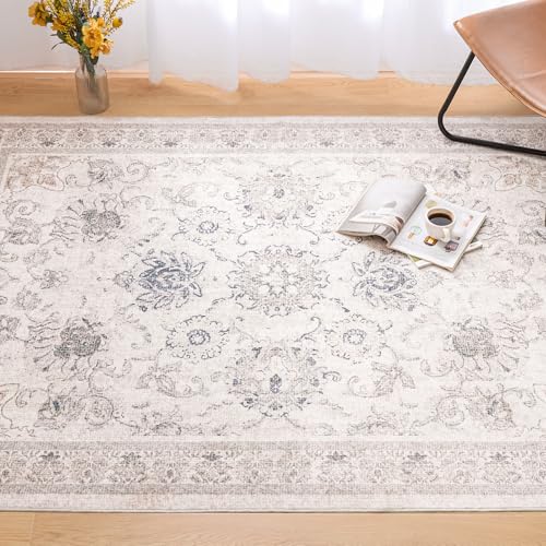 Phantoscope Washable Area Rug 5'x7' Non-Slip, Vintage Neutral Rugs for Living Room, Bedroom, Dining Room, Distressed Boho Floral Medallion Pattern, Low-Pile Foldable Floor Carpet, Cream Beige/Neutral - color: Cream Beige/Neutral, size: 5' x 7' (Rectangula