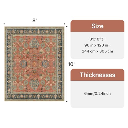 Bavni Floral Area Rugs 8x10, Vintage Accent Living Room Rug, Distressed Washable Rug Non Slip Stain Resistant, Low Pile Thin Soft Coral Blue Large Carpet for Bedroom, Dining Room, Home Office, Nursery - color: Coral Blue, size: 8' x 10' (Rectangular)