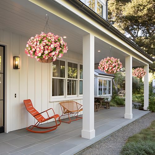 Ammyoo Artificial Hanging Flower Plants with Basket for Outdoor Decoration, Faux Petunias Flowers Fake Morning Glories Planter for Outside Patio Garden Porch Balcony Yard Decor(Pink) - color: Pink