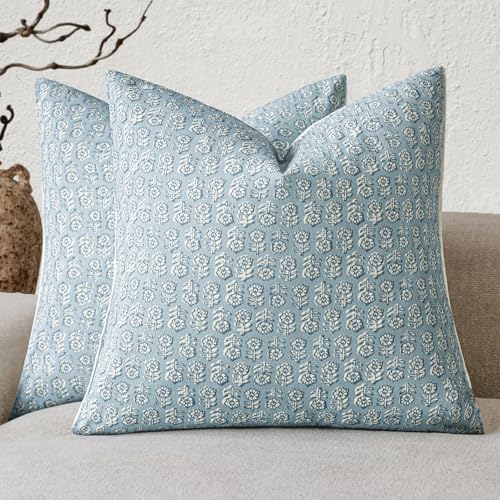 Foindtower Set of 2 Decorative Neutral Floral Print Throw Pillow Covers Vintage Accent Farmhouse Cushion Covers Boho Home Decor for Sofa Chair Couch Bedroom Living Room Outdoor,18×18 Inch,Sky Blue - color: Sky Blue, size: 18" x 18" (Pack of 2)