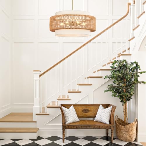 6-Light Boho Rattan Chandelier, 25.6" Large Rattan Pendant Light with Fabric Shade, Farmhouse Hand Woven Chandelier Hanging Ceiling Light for Dining Room, Living Room, Kitchen Island, Foyer, Hallway - size: 25.6" V-shaped weaving