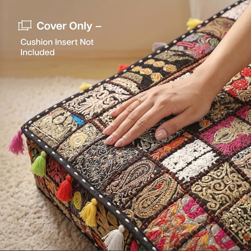 THE ART BOX Cotton Patchwork Vintage Boho Embroidered Floor Pillows & Cushion Cover Dog Pouf Seating Pouf Meditation Pillow Pet Bedding Cat Bed Boho Home Décor (35x35 Inches, Cover Only) - color: Black