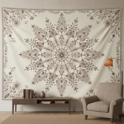 Accnicc Boho Floral Mandala Tapestry Wall Hanging Bohemian Beige Flower Tapestry Aesthetic Hippie Indian Extra Large Tapestries for Bedroom Living Room Dorm Decor 90 x 68 Inch - color: Beige White, size: 90"L x 68"W
