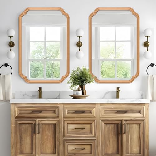 Ferytange Wood Bathroom Mirror for Wall Mounted, 24" x 36" Rustic Bathroom Mirror for Over Sink with Wood Frame Farmhouse Rounded Corner Rectangle Mirror Decorative(Natural Color) - color: Natural Wood, size: 36"L x 24"W